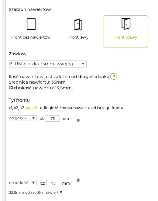 Nawierty pod zawiasy Blum w konfiguratorze frontów meble.pl
